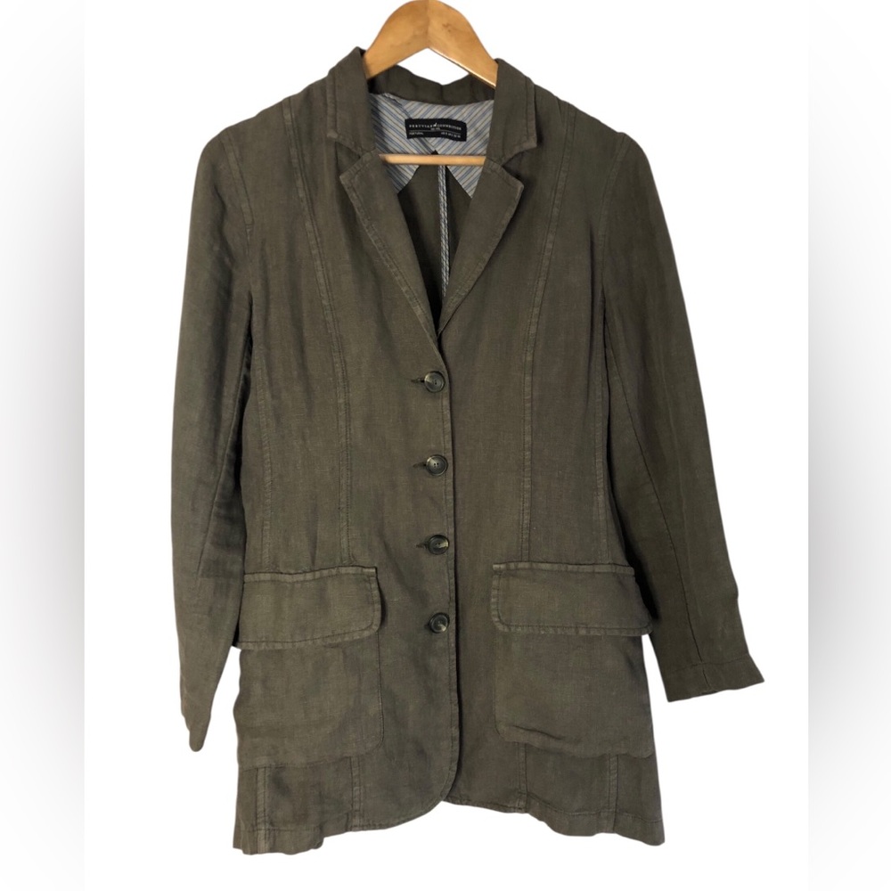 Peruvian Connection 100% Linen 4-Button Patch Pocket Long-Line Blazer In Olive